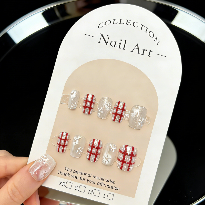 New Year Nail Art with Snowflake Plaid Pattern, Short Cat-Eye Nail Design in Blue and Red, Festive and Brightening, Simple Nail Stickers