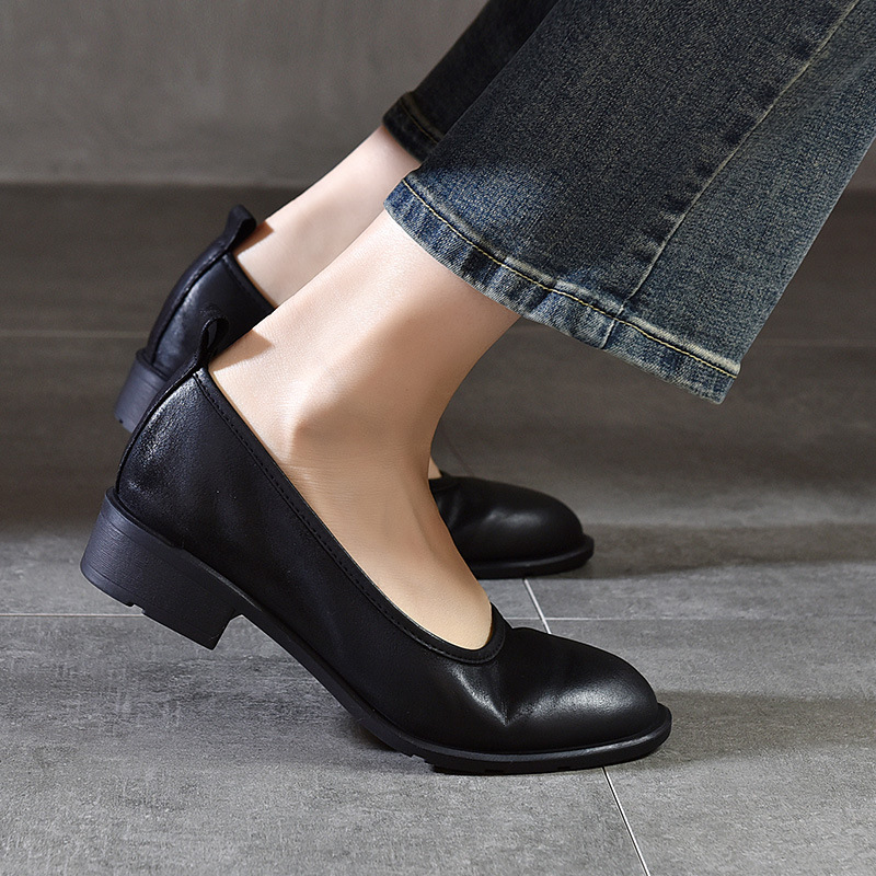 [Event Price 128] Women's Shoes Soft Leather Soft Sole Women's Shoes Black Easiest for Match Shallow Mouth Genuine Leather Work Shoes Mid Heel