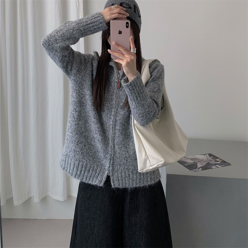 韩系花线双拉链毛衣外套女装秋冬新款宽松慵懒风软糯针织开衫上衣|undefined