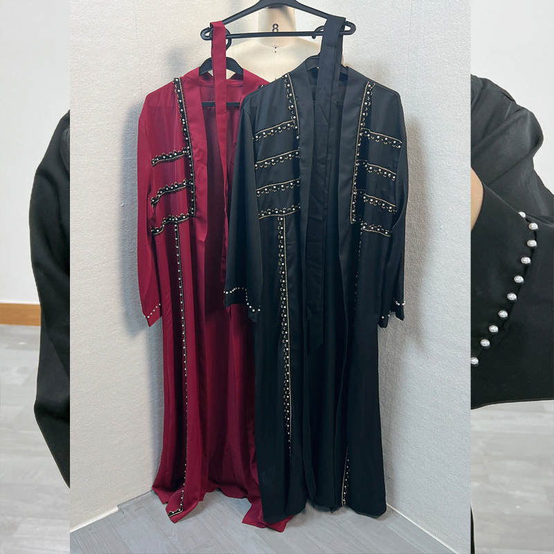 F332 Cross-Border Foreign Trade Women's Long Dress Middle East Dubai Embroidered Lace Pearl Beaded Cardigan Robe In_ecoleips.com