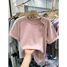 新中式国风钉珠盘扣粉色短袖T恤女夏季设计感别致半袖打底衫上衣
