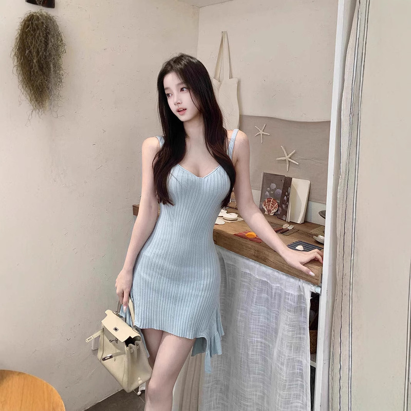 Blue Sleeveless Sling dress Women's Summer Gentle Temperament Pure Desire Style Slim-fit Slimming Irregular Hip Skirt Blue Sleeveless Sling dress Women's Summer Gentle Temperament Pure Desire Style Slim-fit Slimming Irregular Hip Skirt
