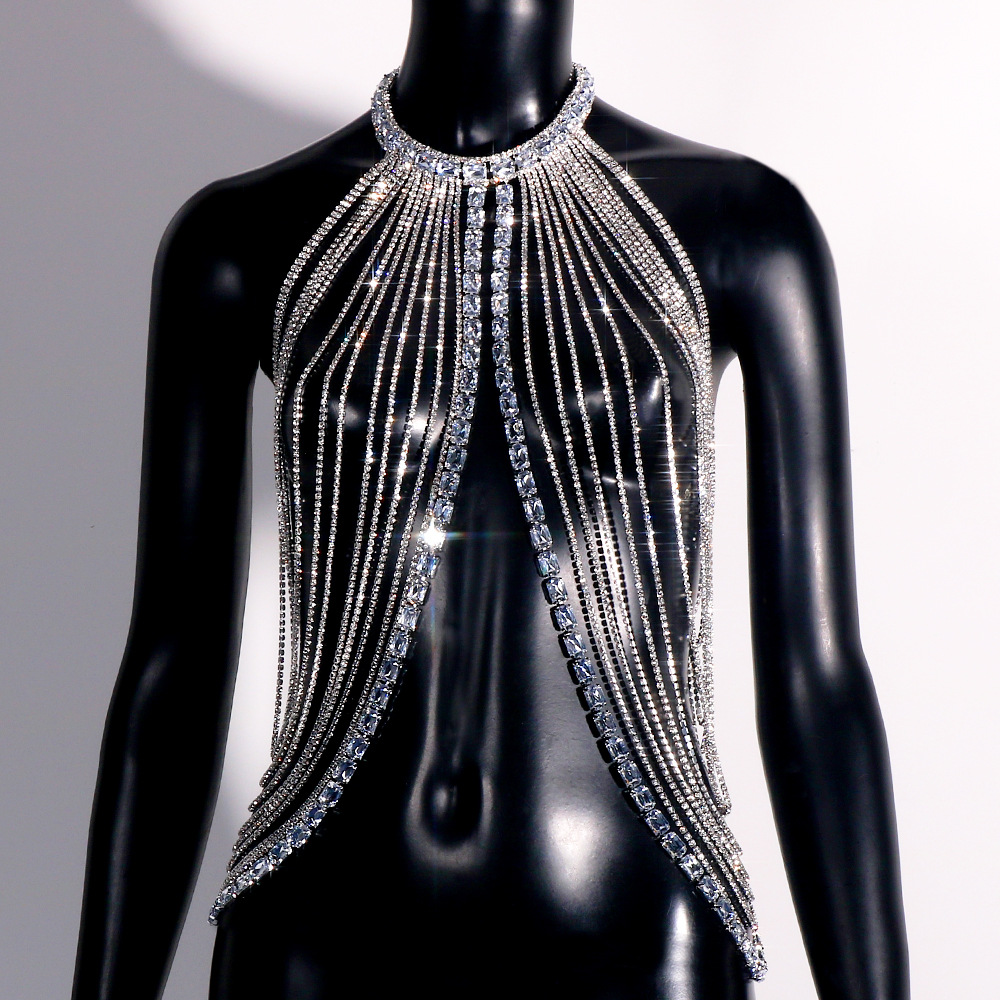 Nueva Cadena de pecho de diamantes de imitación transfronteriza europea y americana sexy multi-capa borla Halter Cadena de pecho accesorios de lujo Cadena de cuerpo