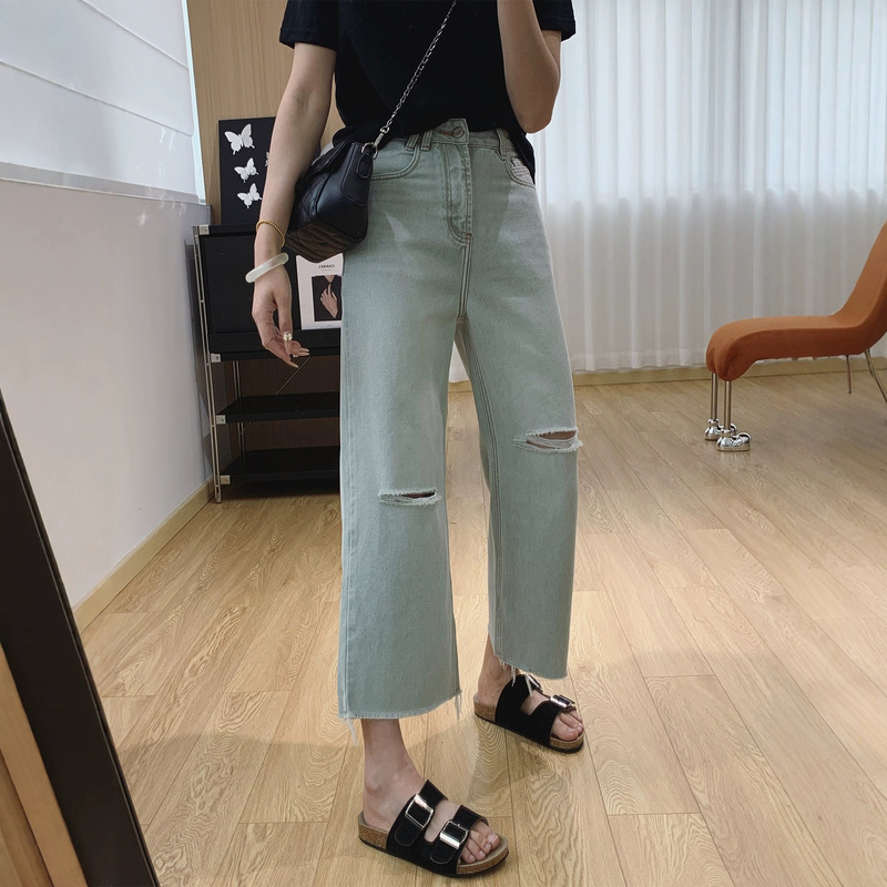 Doni High-Waisted Slimming Loose Straight Asymmetrical Ripped Jeans for Women, Summer Thin Cropped Pants