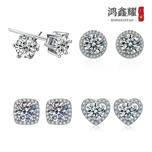 Trending Live-Stream Imitation Moissanite Stud Earrings for Women, Ins-Style Heart-Shaped S925 Sterling Silver Zircon Six-Prong Earrings