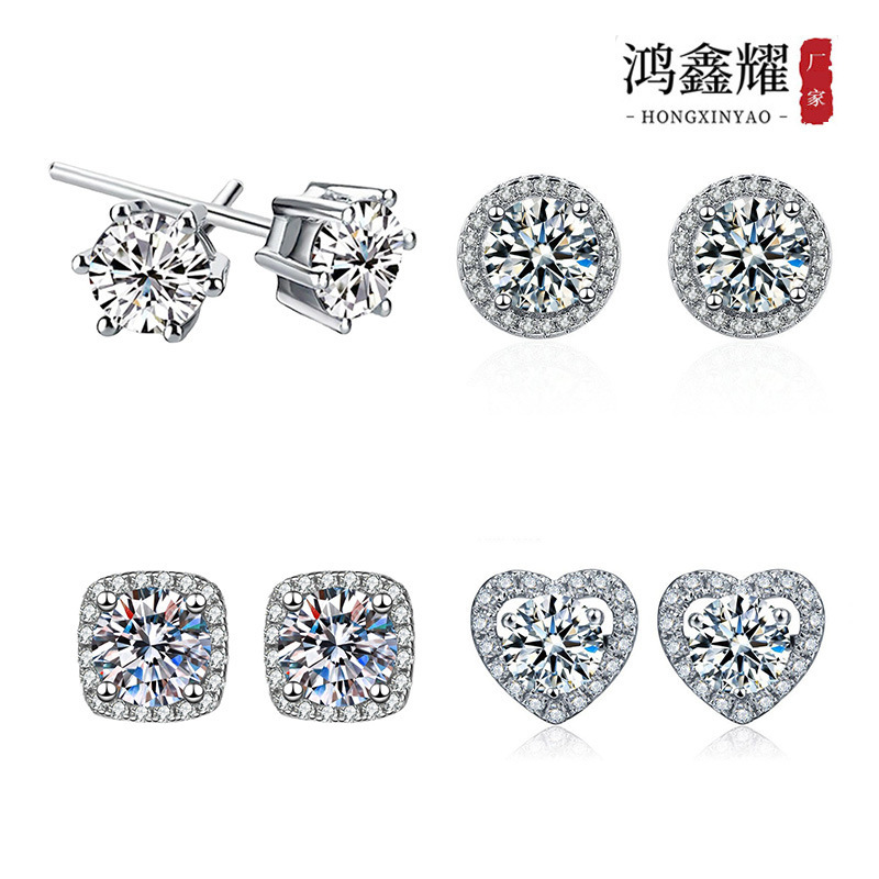Trending Live-Stream Imitation Moissanite Stud Earrings for Women, Ins-Style Heart-Shaped S925 Sterling Silver Zircon Six-Prong Earrings