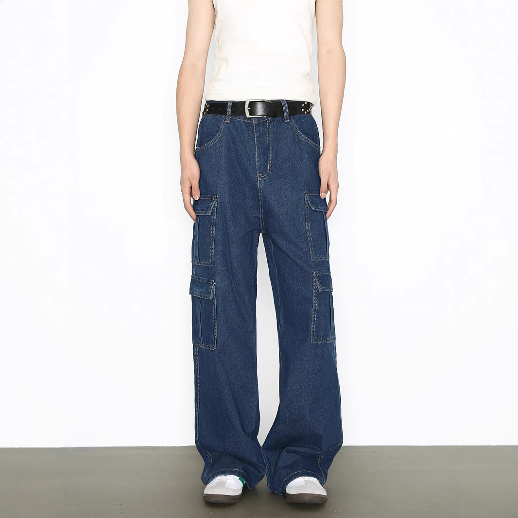 Vintage Washed Denim Cargo Pants - Relaxed Fit Multi-Pocket Workwear Jeans For Men_mkmklike.com