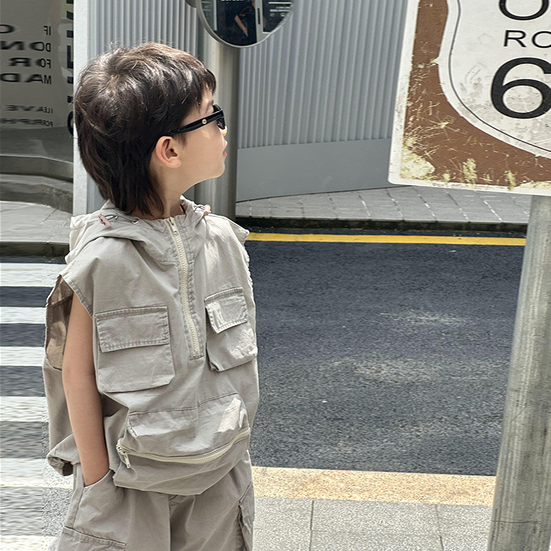 Han Fan Children's Wear Boy's Fashionable Western Style Grey Work Dress suit Handsome Boy's Children's Summer Dress Fashionable Cool Two-piece Set