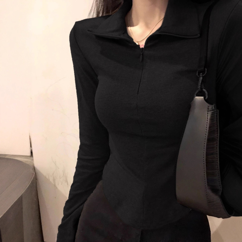 黑色长袖t恤女2025新款秋季修身显瘦翻领美式辣妹上衣内搭打底衫|undefined