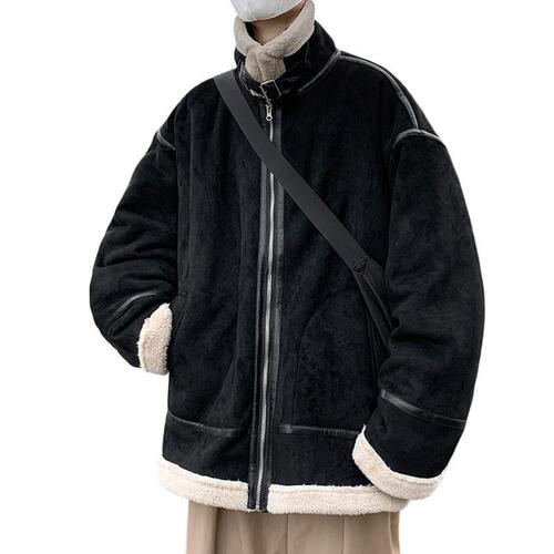 Suede cotton coat men's winter trend ins loose lapel thickened cotton coat trendy brand fur integrated motorcycle jacket