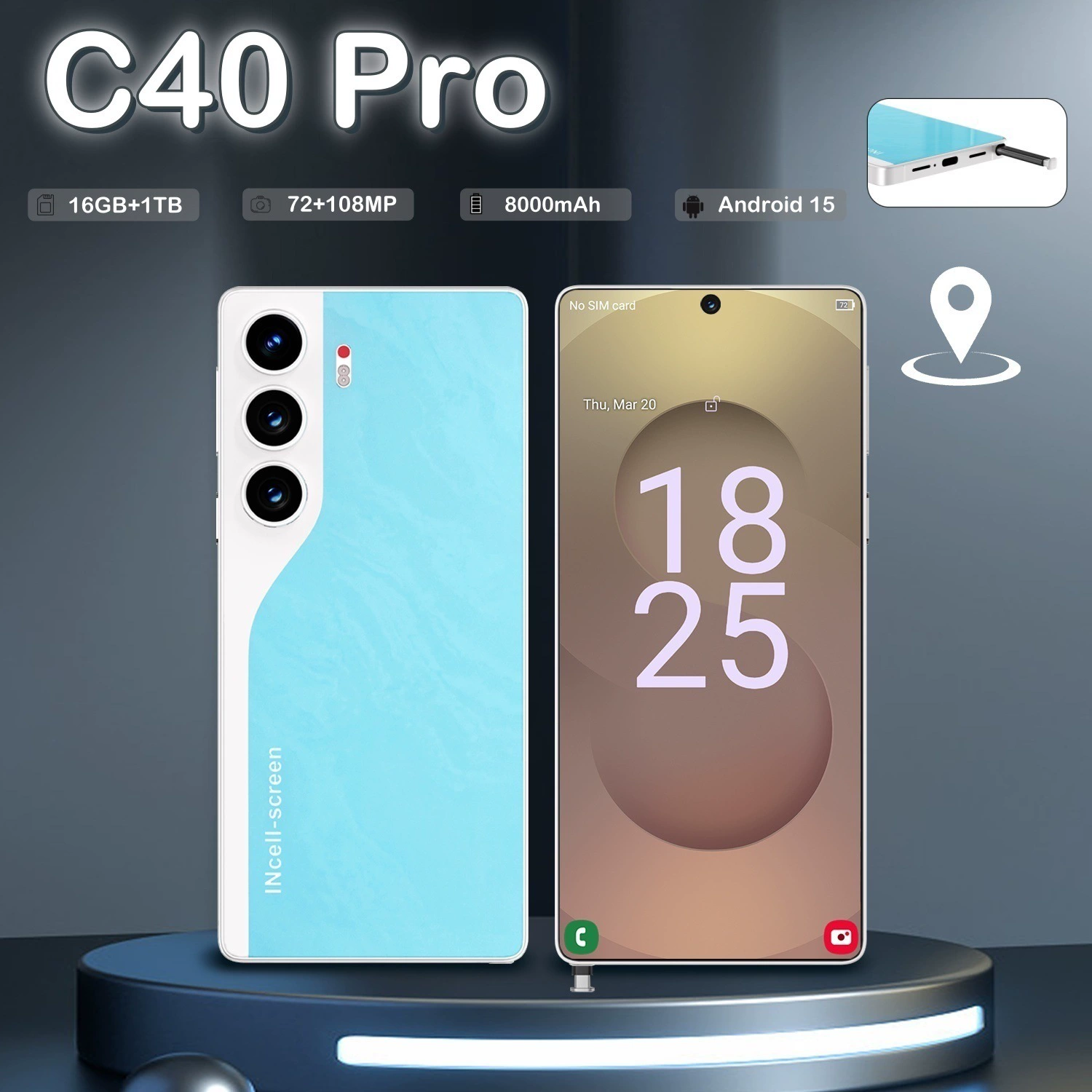 Умные часы, большой мобильный телефон, (международная торговля), C40, Android, 7.3 дюйма, широкий экран, wish