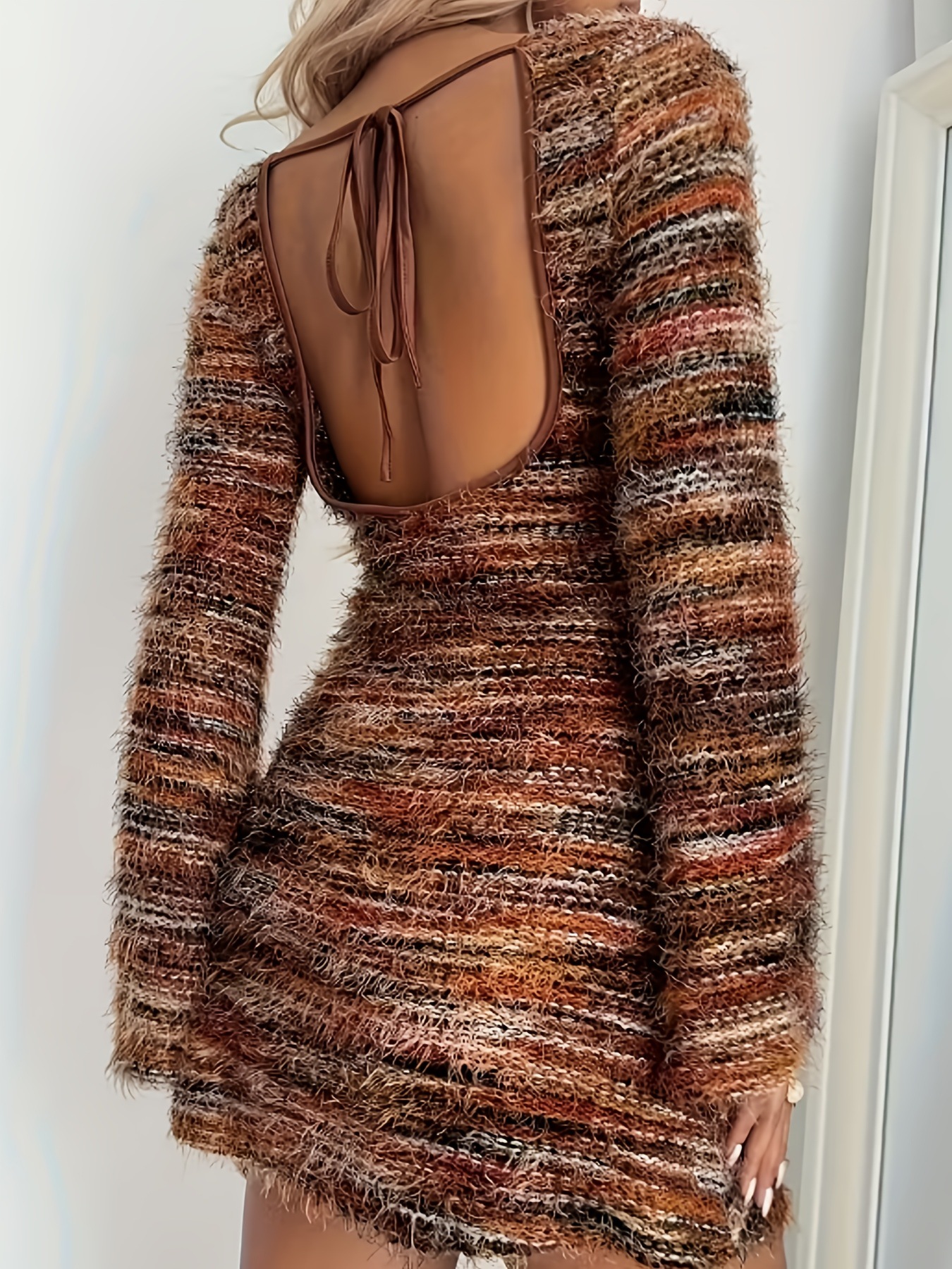 Women's Elegant Tie Waist Dress Long Sleeved Knitted Autumn Short Striped New Best Selling_ecoleips.com