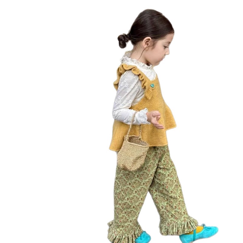 韩版女童2025秋季新款姜黄色小飞袖马甲背心中小童绿色碎花裤|undefined