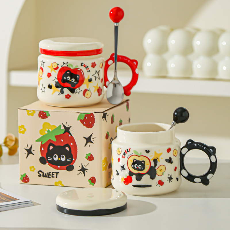 Regalo de cumpleaños Taza de dibujos animados para novias Taza de cerámica con tapa Regalo de mano Taza de agua para gatos lindos