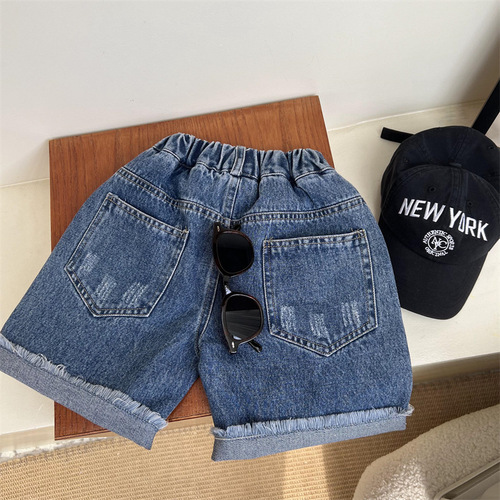 Beggar Wind Summer Children's American Style Denim Frayed Mid-Crotch Jeans for Boys and Girls, Retro Matchable Denim Short Pants