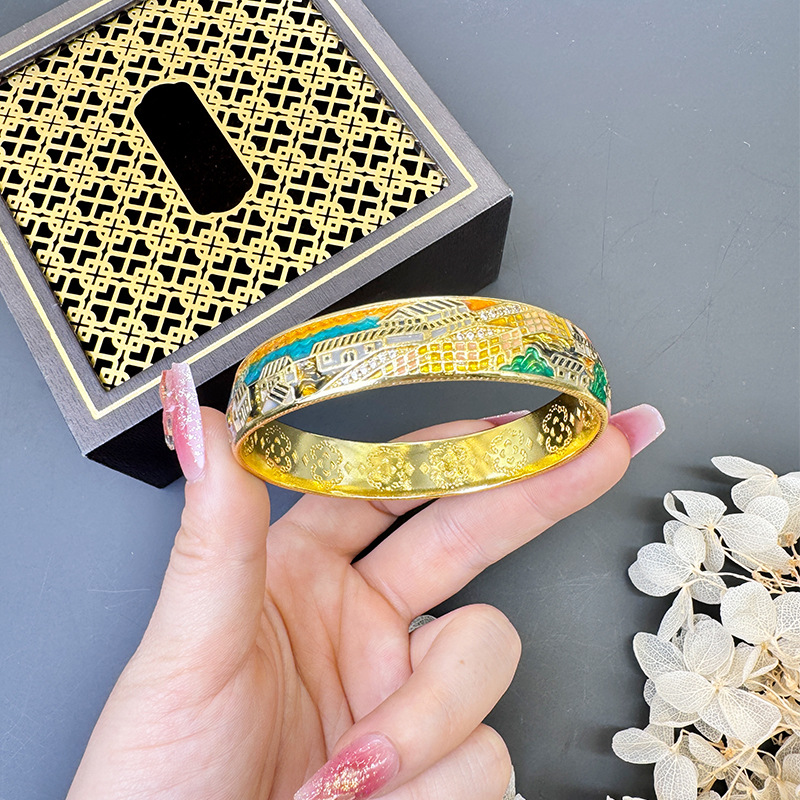 Guochao paisaje palacio viento brazalete muralla oro de arena de Vietnam colorido explosión de transmisión en vivo fábrica al por mayor directamente para el viento de China