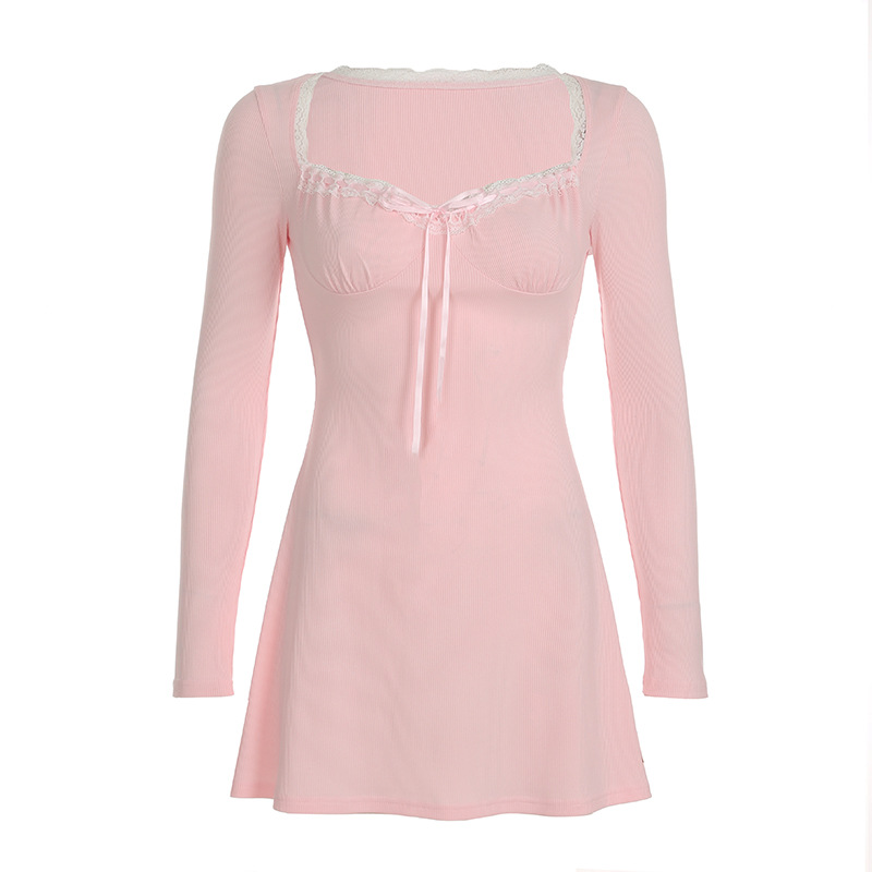 Sexy Girlish Lace Stitching Pleated Tie V neck Long Sleeve Dress Slimming Cinched Short Dress