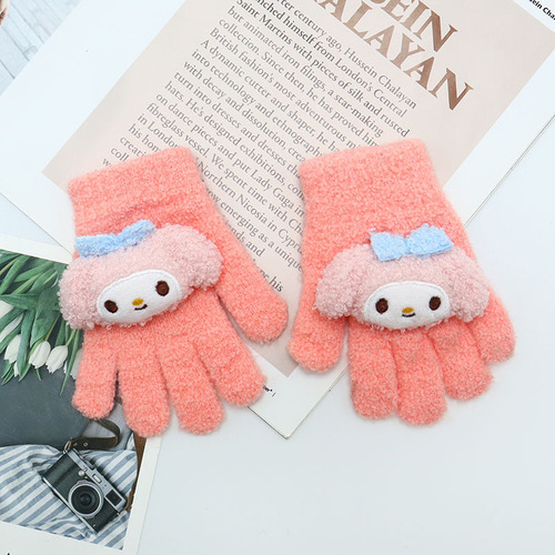 Melody Children's Cartoon Gloves, Warm and Cute Princess Fleece Warm and Cold Five-Finger Glove, Thickened for Girls in Winter