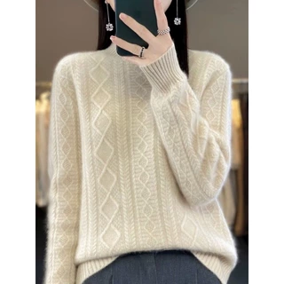 复古绞花针织衫女秋冬新款针织打底衫半高领加厚宽松百搭套头毛衣