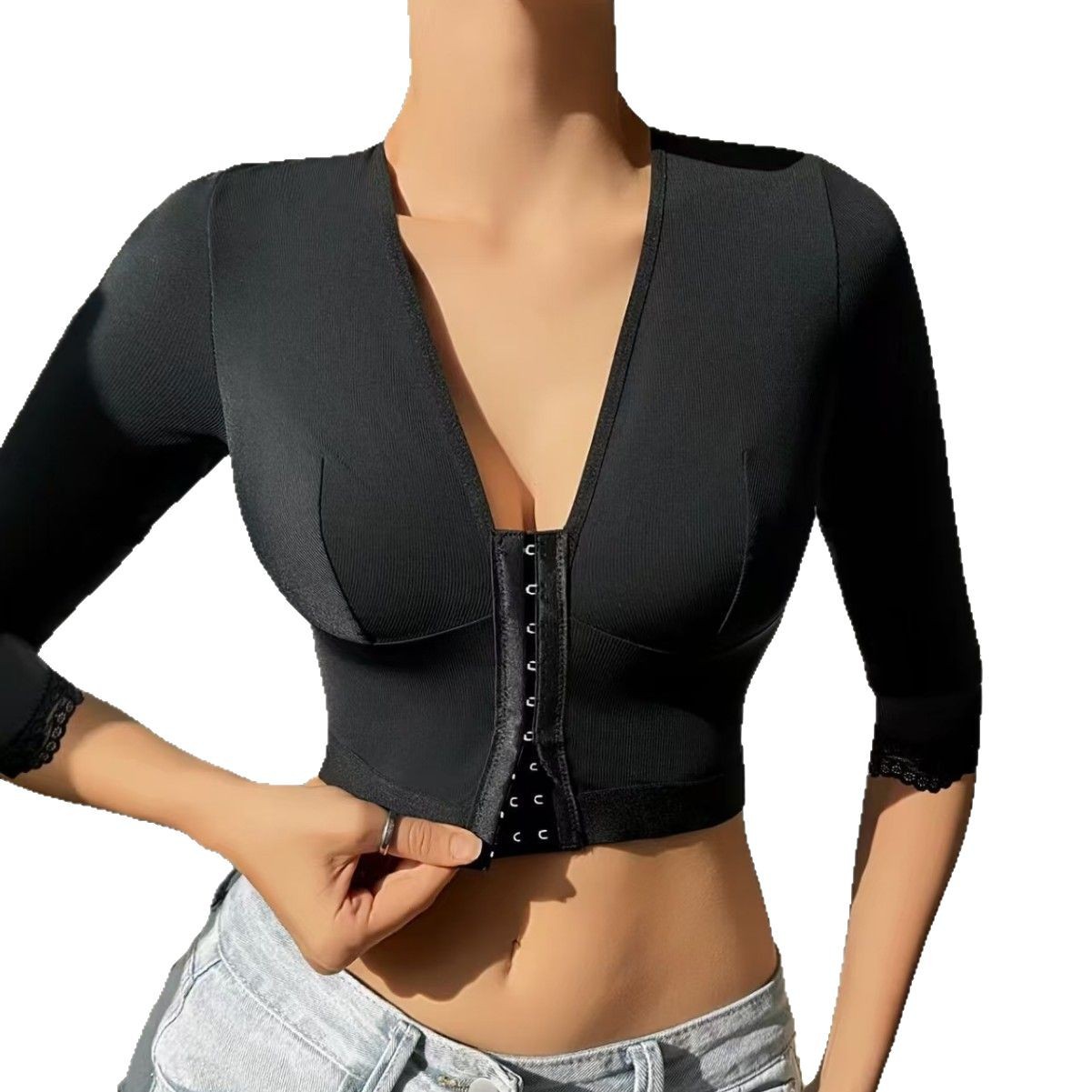 国境を越えた欧米のヨガの前ボタンの調整型の運動の外は美体を着て身の上着のレースの7分の袖の服を作ります。