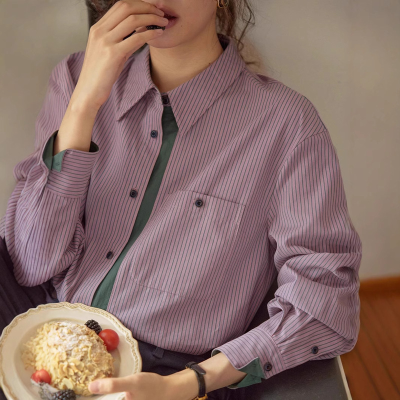 Soljghter French Retro Color-Blocked Vertical Striped Shirt for Women, Spring and Autumn 2025 New Brushed Long-Sleeve Top