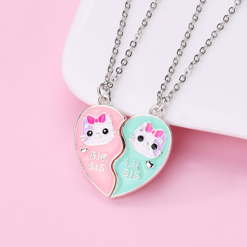 Cross-border new product children's necklace cartoon love pink and green big sister and little sister alloy dripping oil necklace set wholesale