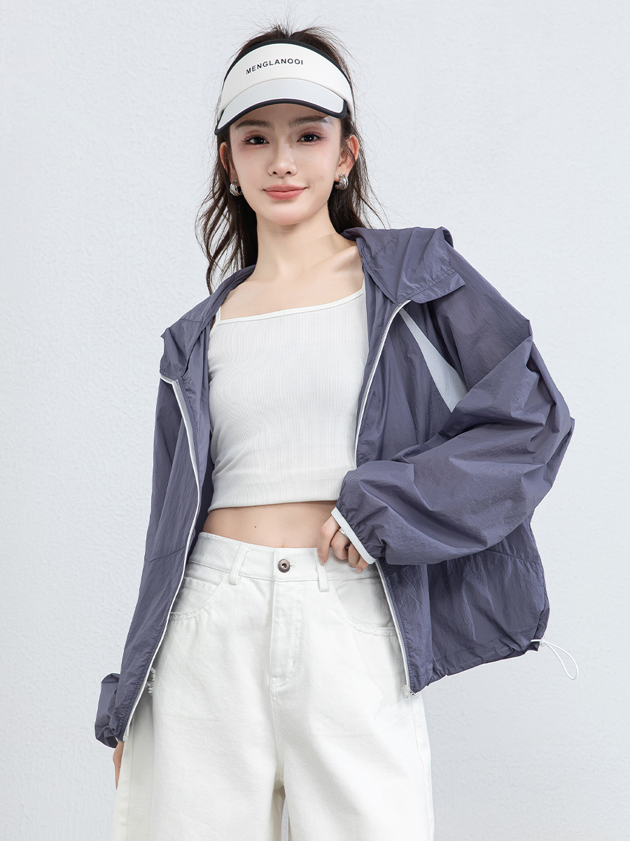 Áo chống nắng nữ dáng rộng thả vai, liền mũ, chất liệu lụa thoáng khí, che nắng mùa hè — màu tím