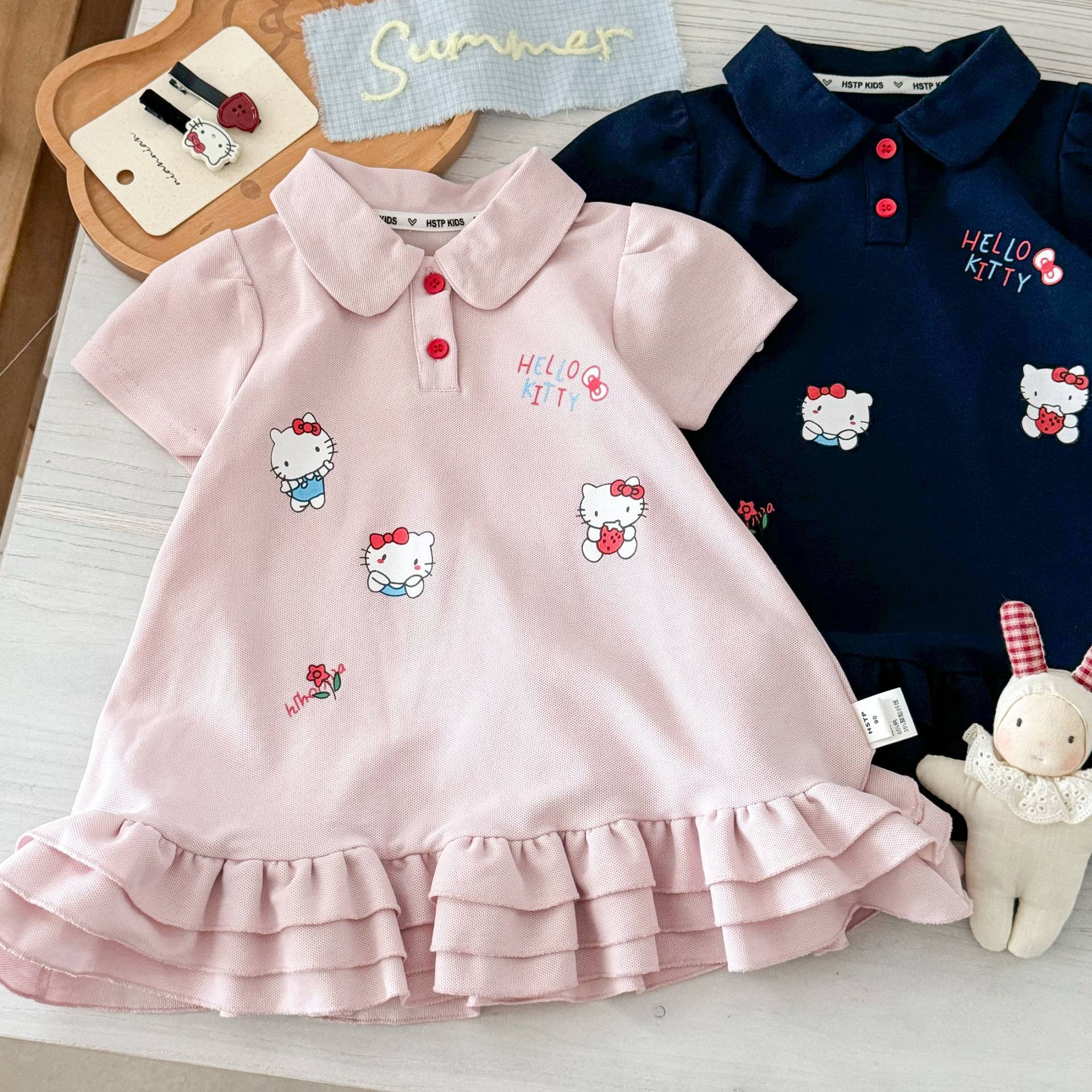 Vestido de verano Sweet Xiaosi para niñas, estilo coreano, moderno, con bordado de gato, para bebés, estilo preppy, con cuello de muñeca y manga corta.