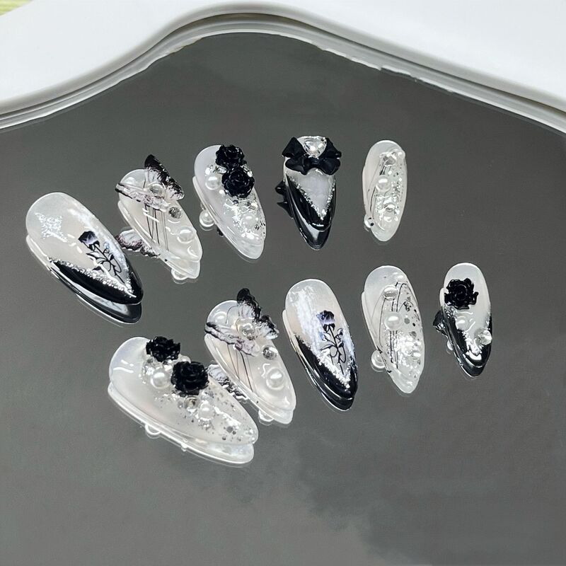 Handmade wear nail dark black princess plaster Rose heavy industry manicure detachable and repeated use phototherapy nail piece Handmade wear nail dark black princess plaster Rose heavy industry manicure detachable and repeated use phototherapy nail piece