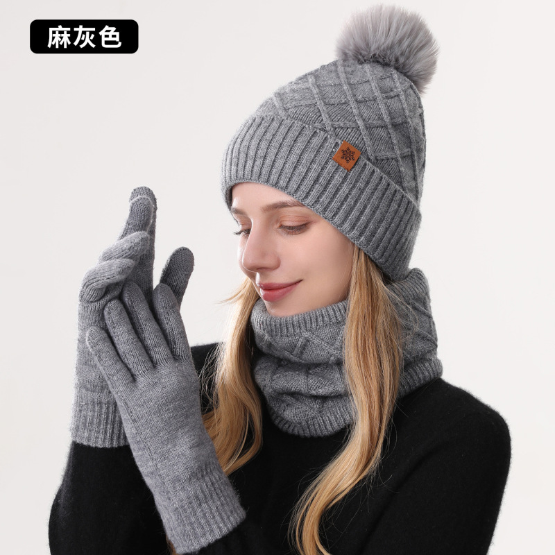 定制冬季针织帽女士防寒双层围脖户外保暖针织帽子围脖手套三件套|undefined