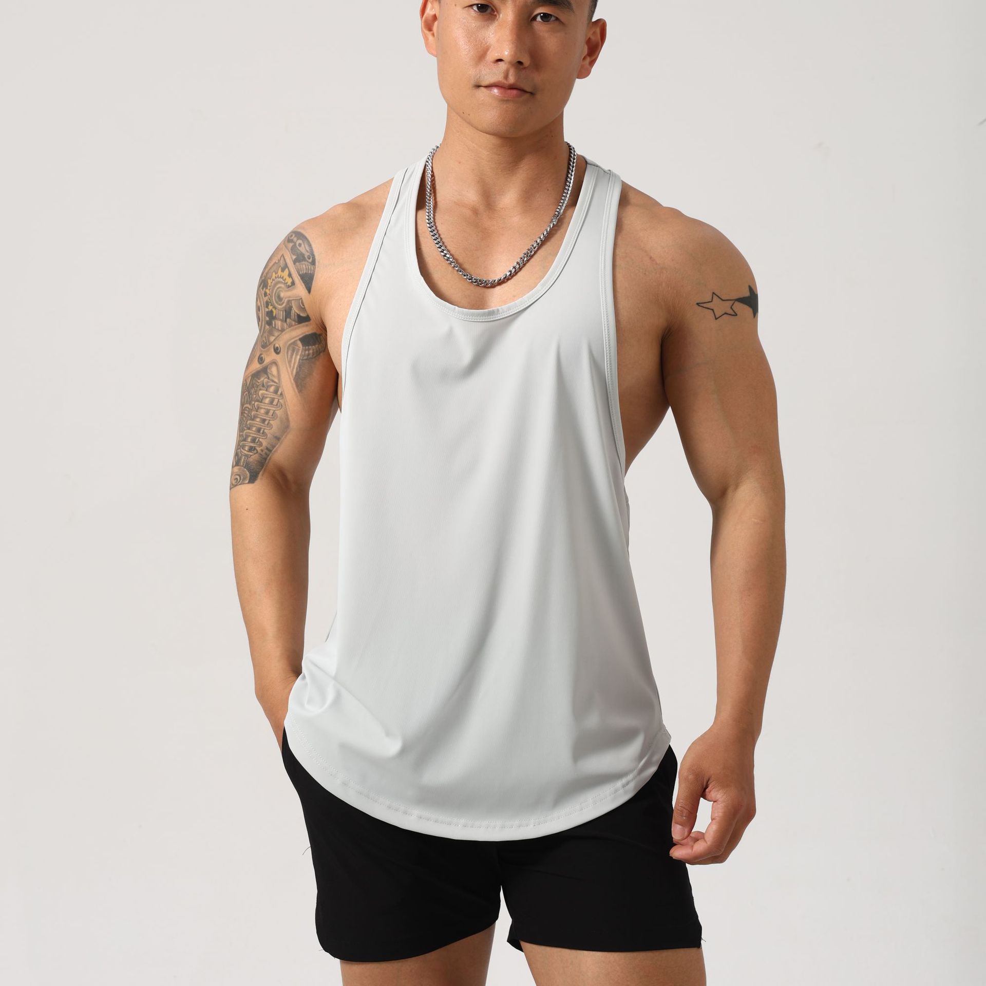 Nylon High-Elastic Quick-Drying I-Shaped Vest for Iron Fitness High-Density Comfortable Men's Solid Color Round Hem Muscle