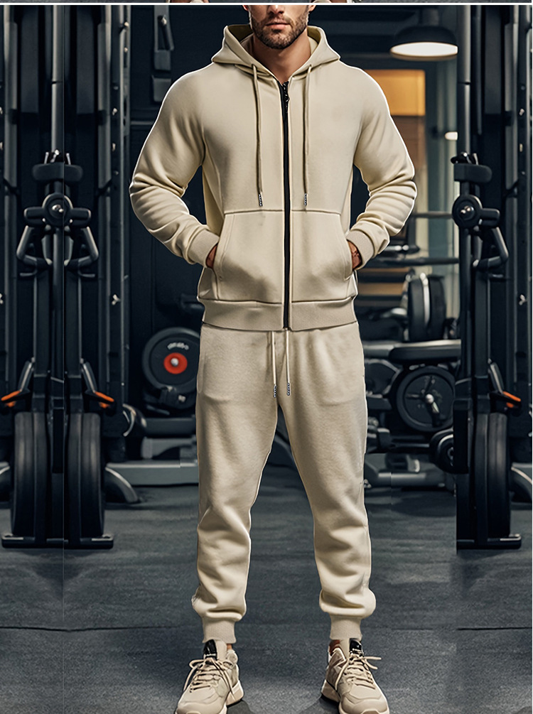Men's Clothing Men's Heavy Fleece Two Piece Suit Long Sleeved Hooded Sports Leisure Warm Autumn Set Solid Color_viptrois.com