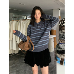 SROOM十三行复古条纹翻领美丽诺毛衣女秋冬宽松慵懒风套头polo领