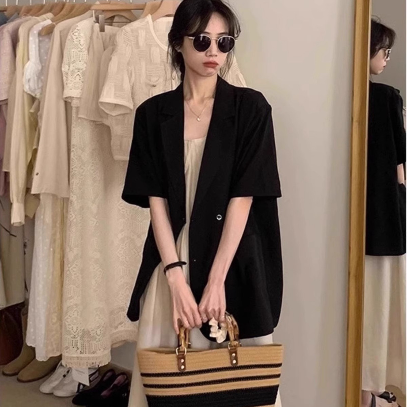 plus size French Short-sleeved Suit Jacket Women's Summer Chubby Wear Loose Slimming Sling dress Two-piece Suit