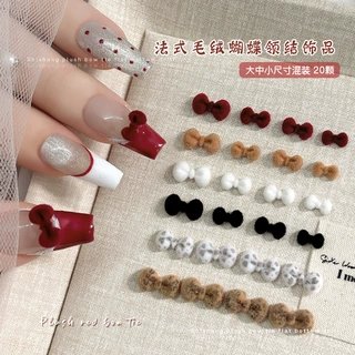 新款植绒蝴蝶结美甲饰品2026新年豹纹法式领结酒红色毛绒指甲钻饰