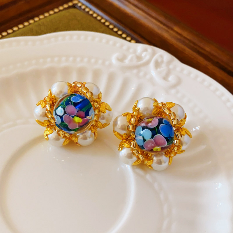 1 Paire Style Vintage Fleur Perle D'Imitation Alliage Verre Boucles D'Oreilles display picture 1