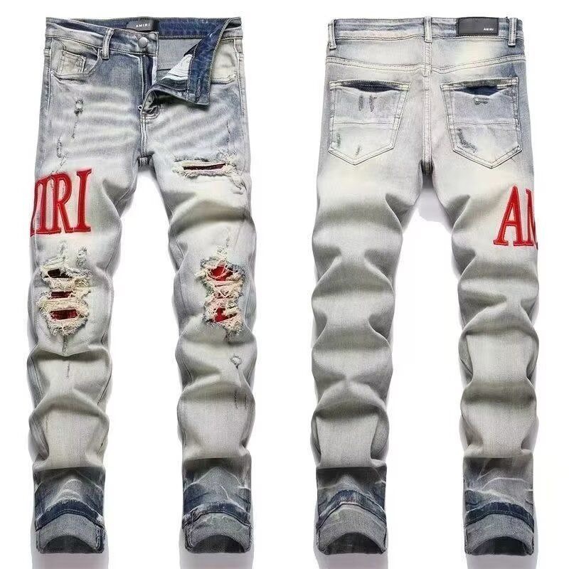 AM潮牌版本牛仔裤破洞新款贴布补丁修身裤子刺绣小脚弹力潮流