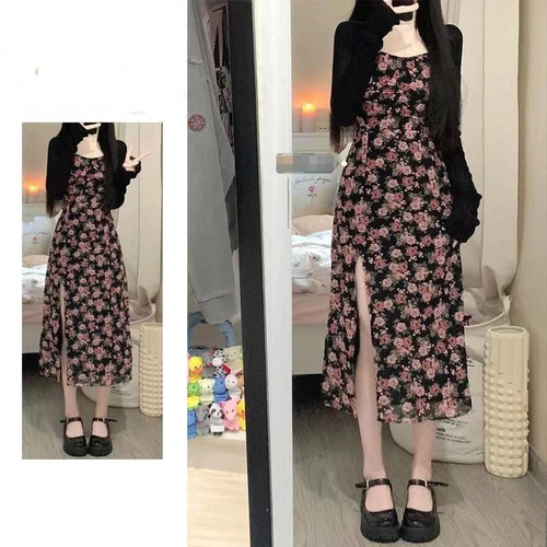 Ladies' Summer Floral Dress Set with Long Skirt and Sleeveless Open-Collared Top, Two-Piece Set with Sun Protection