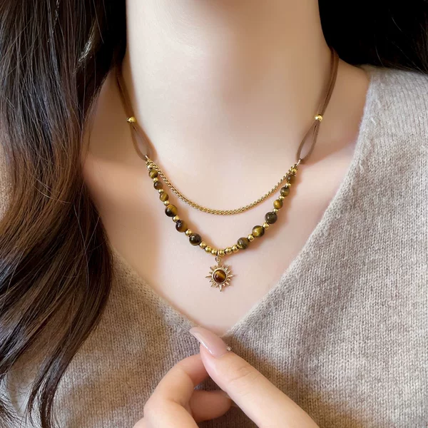 Maillard Brown Sunflower Tiger Eye Stone Necklace Women's New Autumn and Winter Retro Niche Light Luxury High-End Sweater Chain