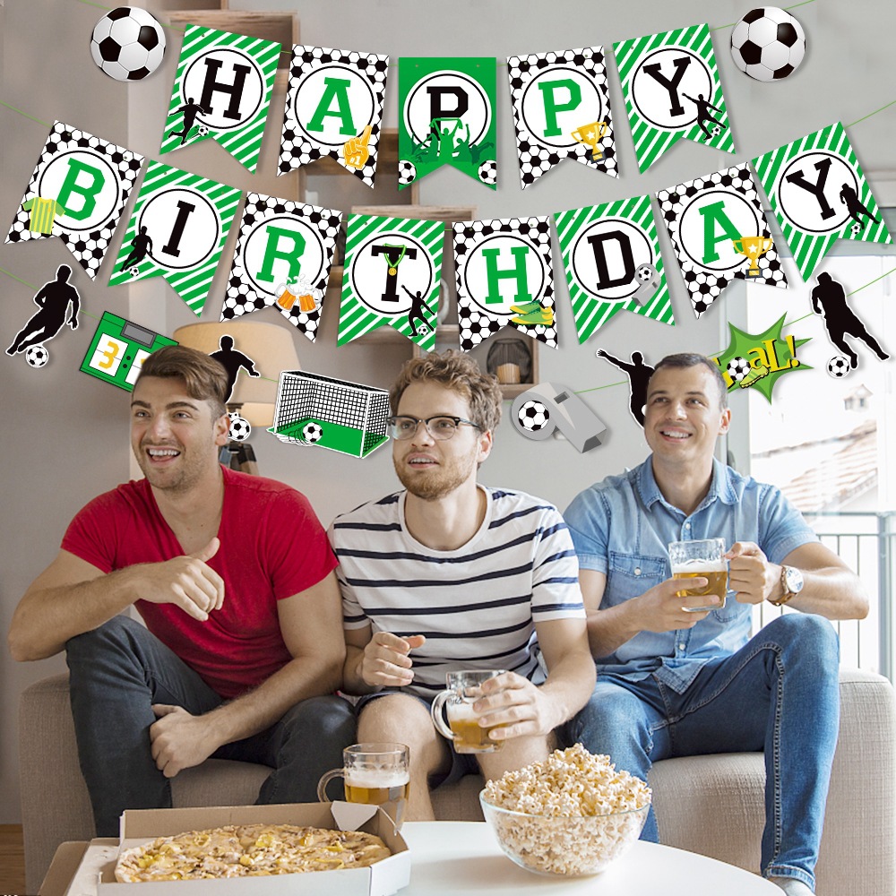 Transfronteriza fútbol tema fiesta de cumpleaños decoración traje fútbol cumpleaños bandera pastel decoración tarjeta inserción