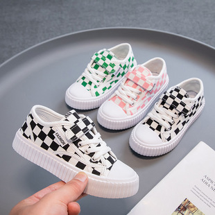 Children's black and white chessboard Plaid canvas shoes new casual shoes boys and students board shoes girls breathable biscuit shoes