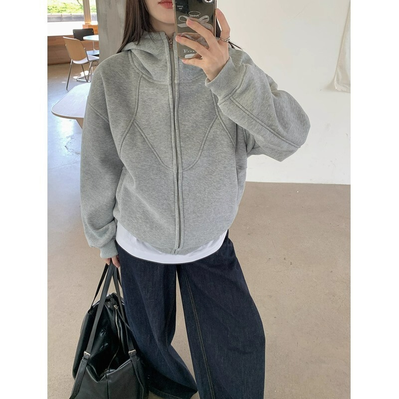 Gray Velvet Thickeneded Sweatshirt for Women Autumn and Winter 2024 High-End American Retro Hooded Loose Zipper Cardigan Jacket