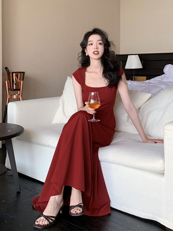 SYT自制 法式简约方领绑带连衣裙女百搭气质垂感收腰显瘦修身长裙|undefined