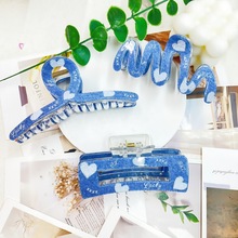 新款韩国牛仔情人节抓夹心形字母印花马尾夹时尚后脑勺盘发鲨鱼夹