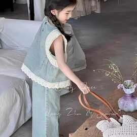 2024夏女童亲子套装时髦蕾丝边中大童牛仔九分阔腿裤无袖两件套潮