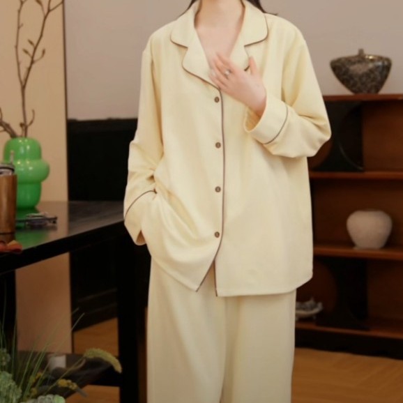 2025新款早春简约睡衣女纯色双面绒秋长袖长裤宽松家居服