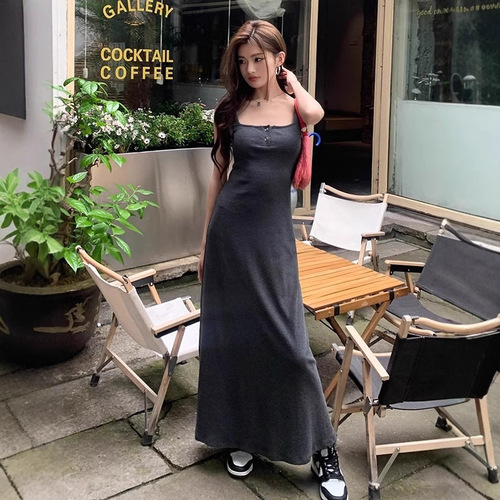 Ins sexy pure desire square neck buttonless sleeveless camisole dress post-shaping mother dress waist-cinched long A-line dress for women trendy