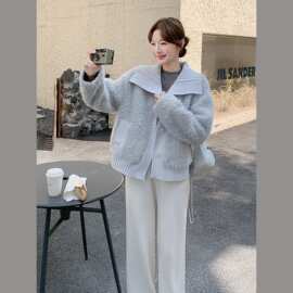 蓝色针织拼接甜美减龄羊羔毛外套女冬季新款小个子加厚皮毛一体