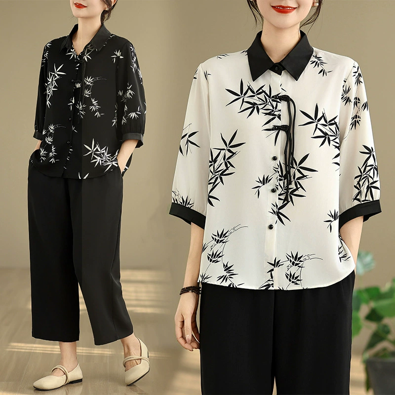 Настоящая фотография модной шифоновой рубашки с лацканами для женщин среднего и пожилого возраста, летняя свободная тонкая рубашка со средним рукавом, футболка, костюм