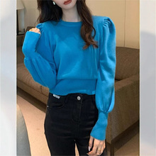 2025泡泡袖针织打底衫女秋冬设计感小众长袖毛衣洋气内搭修身上衣